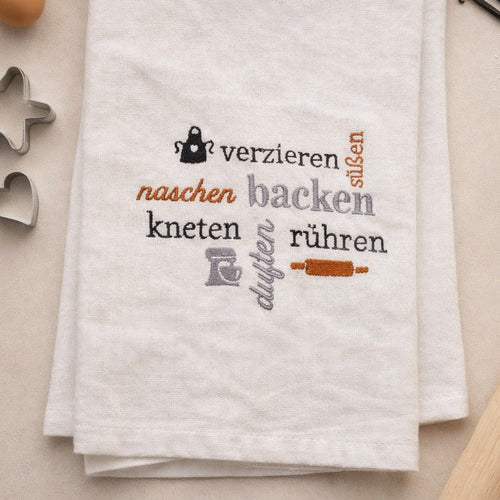 Besticktes Geschirrhandtuch – Wortwolken